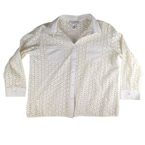 Susan Graver Style Cream Cotton Eyelet Button Up Shirt Womens 1X Long Sleeve Top